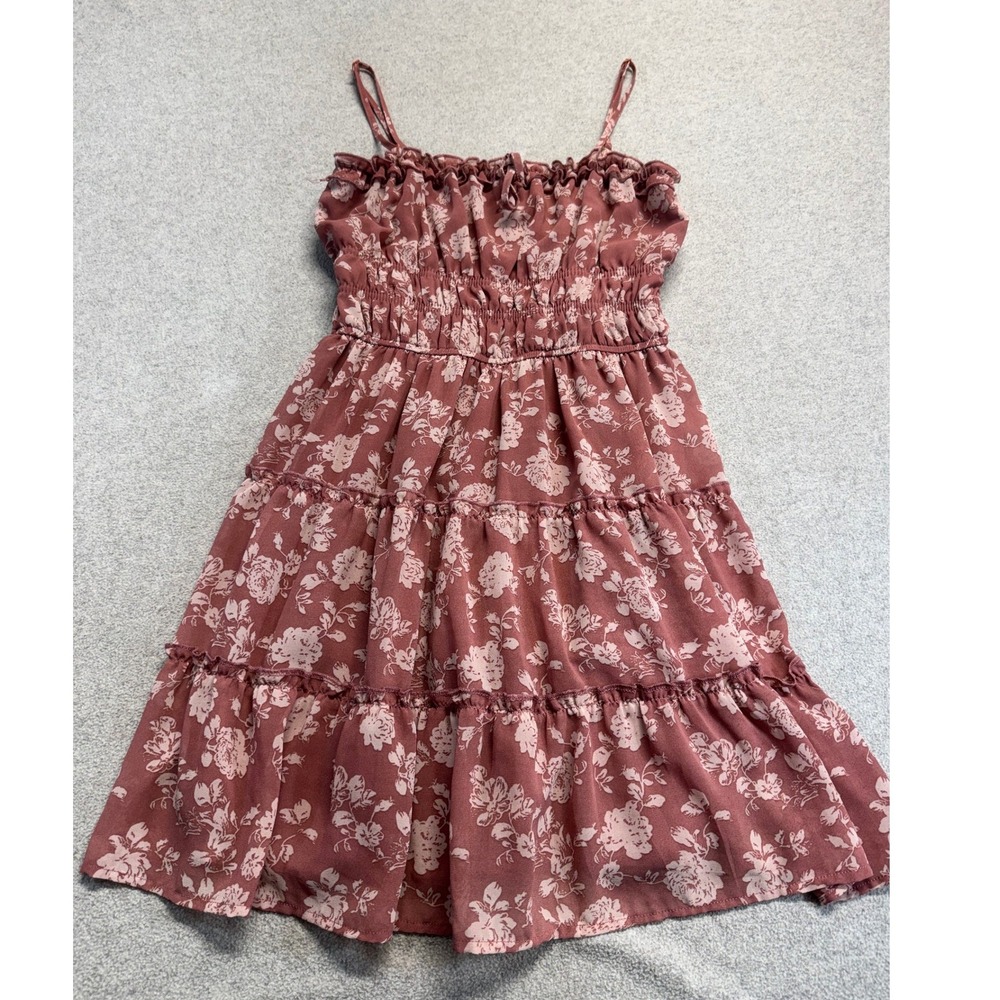 Trixxi Tiered Floral Mini Dress Womens Small Pink Smocked Ruffle Boho‎ Chiffon